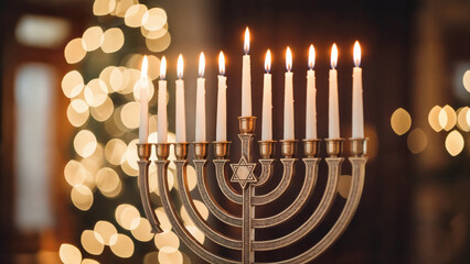 Celebrate Hanukkah festival with glowing menorah candles against a festive bokeh background for a bright holiday season