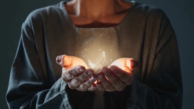 A person in a dark, minimalist setting holding a glowing object in their hands, with an emphasis on their focused expression