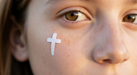 A close-up shot of a person with a cross symbol on their cheek, exploring themes of faith, spirituality, and religious expression.