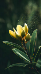 Yellow flower releasing pollen in soft light with dark green background