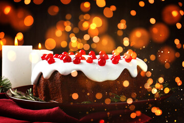 Tasty Christmas cake with red currants and candles on table. Bokeh lights