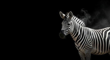 Naklejka premium Striking black and white zebra stands majestically against a deep black void, a gentle wispy trail of dust subtly framing its powerful silhouette