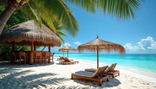 Tropical beach scene with traditional tiki bar. Thatched umbrellas provide shade over empty lounge chairs on white sand. Clear turquoise ocean meets bright blue sky, framed by palm trees. Perfect for