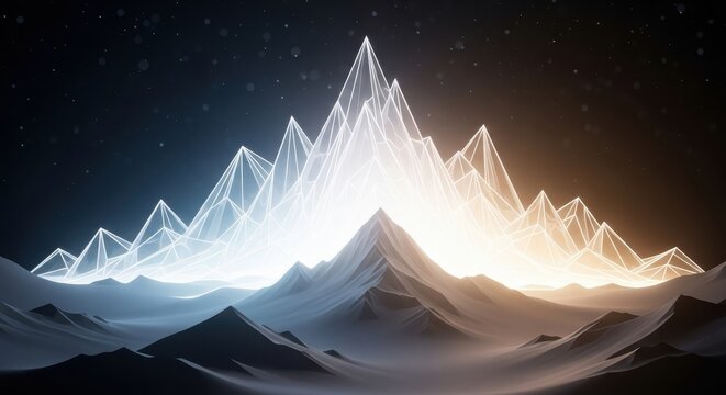 Abstract luminescence landscape with geometric mountain peaks, creating a digital design aesthetic