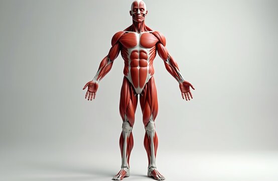 Full body male anatomy model shows muscles and bones. It stands on neutral background. Concept for medical study. Health pro uses human body illustration for education about healthcare.