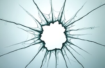 Fototapeta premium Cracked and shattered glass with a central hole, resembling impact damage or a bullet hole. The abstract pattern of fractured glass creates a textured background, suggesting danger or destruction.
