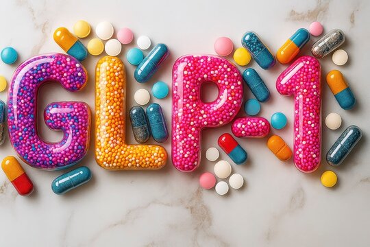 Colorful representation of GLP-1 with vibrant letters made of sprinkles. Surrounding capsules and tablets in various colors. Concept of health and medication. - Powered by Adobe