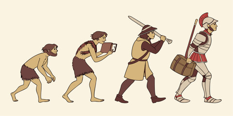 Evolutionary transformation showing progression from caveman to medieval warrior, embodying change, growth, and historical development across ages