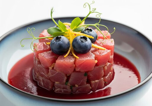 Tuna Tartare with Blueberries and Citrus Zest in Glazed Bowl — Gourmet Plate