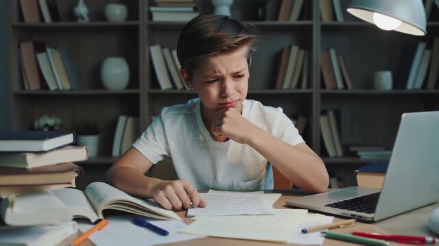 A young boy sitting at a desk, looking frustrated while studying, surrounded by books and a laptop