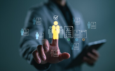Businessman selecting candidate with AI skill certification through digital resume screening. Concept for AI talent recruitment, tech hiring, workforce upskilling, and future-ready employee.