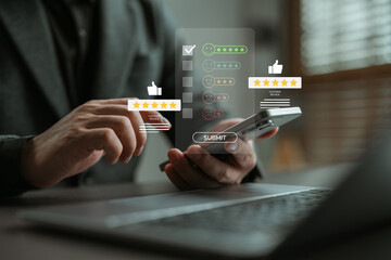 Customer using smartphone to submit satisfaction survey and give product feedback. Concept for customer experience, review system, service quality, digital feedback, and business improvement.