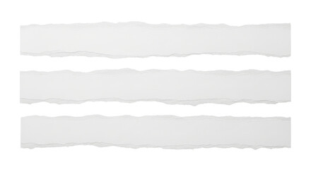 Fototapeta premium Collection of three isolated white ripped paper strips with ragged edges for messages