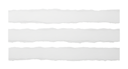 Collection of three isolated white ripped paper strips with ragged edges for messages
