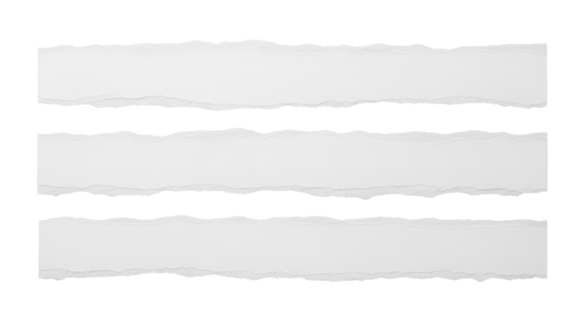 Collection of three isolated white ripped paper strips with ragged edges for messages