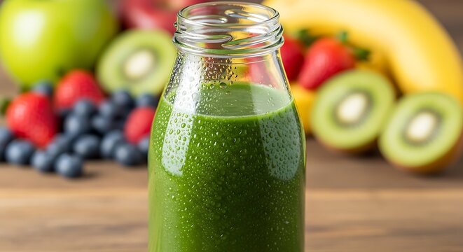 Invigorating green smoothie in a glass bottle with assorted fruits