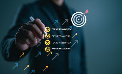 Businessman checking off digital checklist with arrows aiming at a target. Concept for success planning, self-improvement, goal setting, productivity strategy, and personal development.