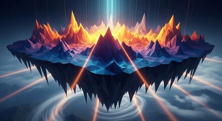 Low Poly Floating Islandscape with Light Beams and Ethereal Clouds