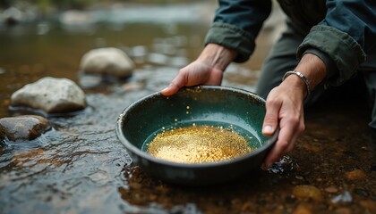 Prospector swirls pan in river water, separating gold dust. Person works in stream bed collecting valuable metal particles. Close up of hands panning for treasure.