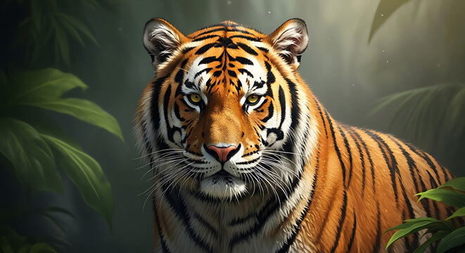 Portrait of a Majestic Tiger in Lush Jungle Foliage, orange and black stripes, intense gaze, wildlife photography