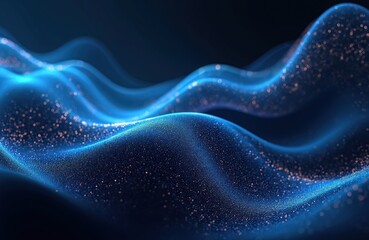 Blue waves with glowing particles flow like liquid light. Abstract background resembles digital art, science or fantasy, with shimmering, smooth textures creating a dreamy, ethereal atmosphere.