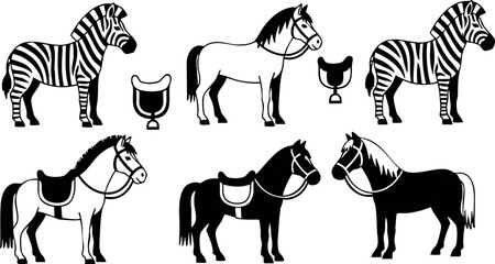 Naklejka premium Zebra and Horse Vector Set with Saddles and Stirrups in Black and White Colors for Animal and Nature Designs