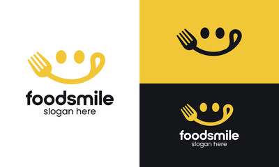 Smile food logo design. spoon fork vector design with smile graphic icon symbol. Delicious, tasty eating emoji face eat with mouth and tongue gourmet enjoying taste graphic logo design.