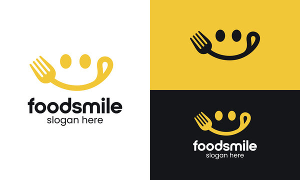 Smile food logo design. spoon fork vector design with smile graphic icon symbol. Delicious, tasty eating emoji face eat with mouth and tongue gourmet enjoying taste graphic logo design.