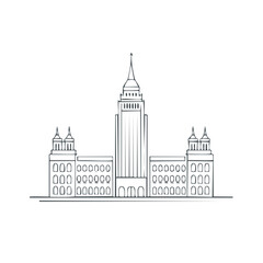 Obraz premium Tall urban skyscraper building line art drawing featuring a central spire and classic towers