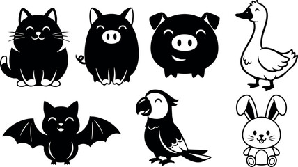 Obraz premium Cute cartoon animals including cat pig goose bat parrot and rabbit in black and white vector style