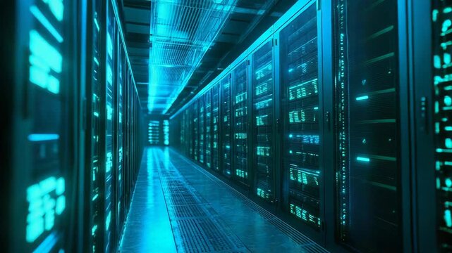 Server room displaying data processing and network technology - Powered by Adobe