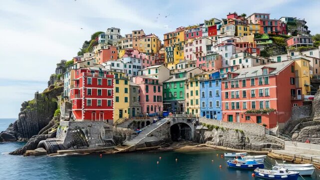 Vibrant coastal village with colorful buildings overlooking a serene harbor