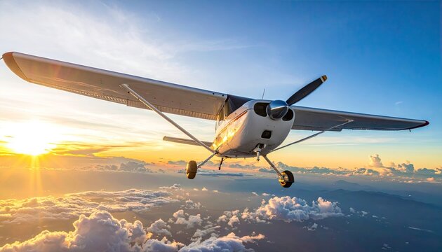 Small Airplane Flying Above Clouds During Bright Sunset with Dramatic Sky and Golden Sunlight Radiating Through Wispy Clouds Aerial View - Powered by Adobe