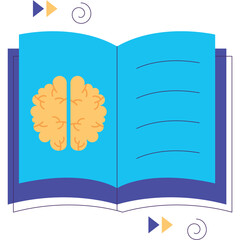 Open Book With Orange Brain Graphic And Blue Pages Against Transparent Background Featuring Play Button Arrows And Swirls