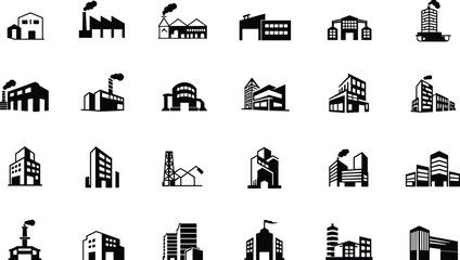Collection of Black Industrial Building and Factory Icons silhouette