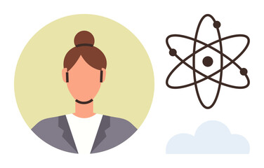 Woman with a bun hairstyle in formal wear next to an atomic model and cloud graphic. Ideal for science, learning, innovation, technology, leadership, education, career development. Simple flat