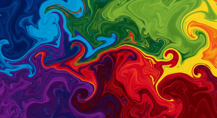 Abstract artwork with liquid swirl and vibrant color, blending blue, green, red, yellow and purple in a dynamic flow, representative of creativity