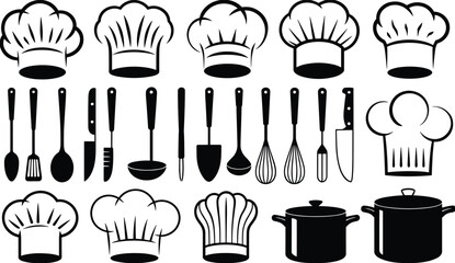 Collection of Chef Hat and Kitchen Utensil Icons toque cooking