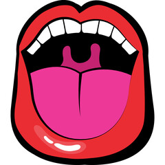 Open mouth with red lips showing white teeth and pink tongue with shiny texture against a transparent background a bold graphic illustration