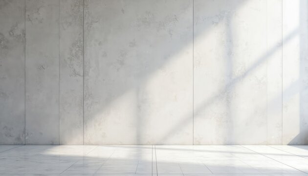 Minimalist interior empty room with light grey concrete wall and tiled floor. Sunlight streams through window casting geometric shadows. Clean modern architectural space.