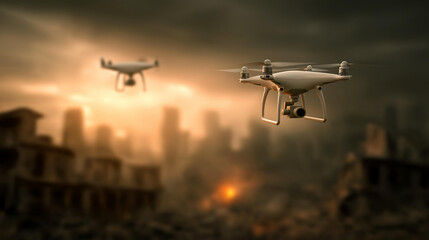 Obraz premium Two drones with flags engaging defocused war-torn city, faceless combat scenario, conflict visualization detail, blurred destruction background, warfare concept, battle interface,
