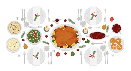 Overhead view of a festive holiday dinner table setting with a large roasted turkey and various side dishes ready to be served