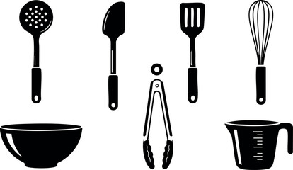 Kitchen utensils vector set with bowl, spatula, whisk, tongs, measuring cup, and strainer silhouette design
