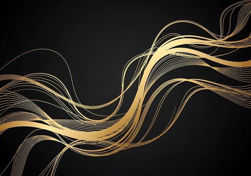 Elegant golden ribbons on a sophisticated dark backdrop, abstract flow