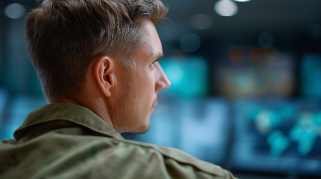 Military personnel monitoring global operations defocused command center, faceless high-tech surveillance, tactical visualization detail, blurred screen background, strategic conce