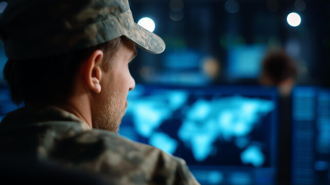 Military personnel monitoring global operations defocused command center, faceless high-tech surveillance, tactical visualization detail, blurred screen background, strategic conce