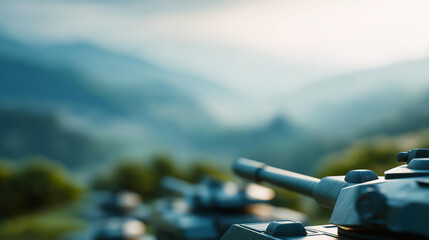 Obraz premium Military drones and tanks in defocused scenic landscape, faceless combat formation, tactical visualization detail, blurred terrain background, warfare concept, military interface,