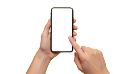 Person holding modern smartphone with blank white screen for custom content display and mobile interface