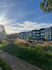 Contemporary residential building surrounded by green garden under sunny blue sky
