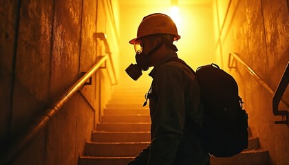 Fototapeta premium Man with respirator descends stairs inside industrial building. Worker wearing hard hat walks down a stairwell with back-pack. Dark interior with harsh light creates a dramatic mood.